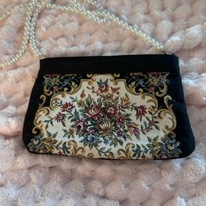 Vintage Floral Tapestry Clutch with Pearl Strap